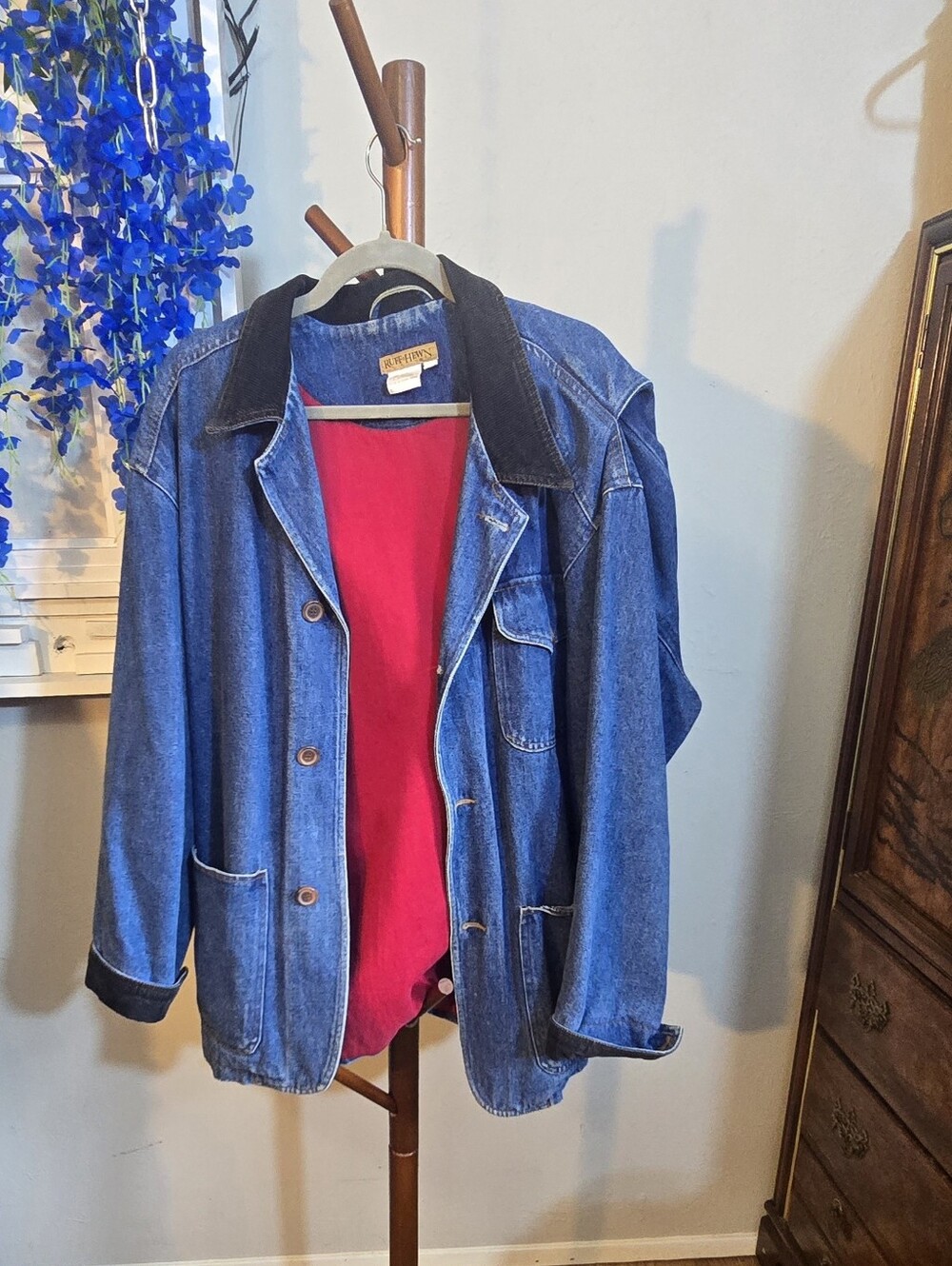 RUFF Hewn 80s-90s Denim Chore Jacket with Black Corduroy Collar - Blue Sz 3X